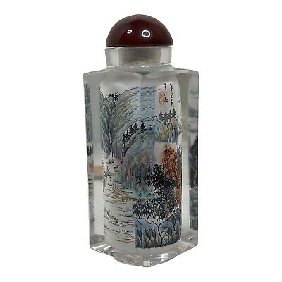 Chinese Hand Interior Reverse Painted Crystal Snuff Perfume Bottle Stone Stopper • 35£