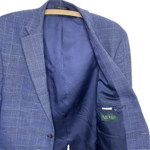 Lauren Ralph Lauren Blazer Wool Silk Linen Windowpane Sport Coat Mens 42R Blue - Picture 1 of 14