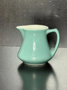 VINTAGE HALL Blue Teal White Stoneware Individual Small Creamer Pitcher USA - Picture 1 of 3