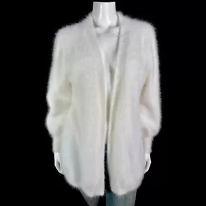 70% Angora Fuzzy White Open-Front Cardigan Sweater Duster 40 in bust - Picture 1 of 10