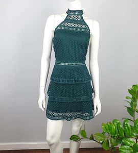 Pretty Little Thing Size 12 Short A Line Dress Green Lace Look Halter Neck Women - Picture 1 of 11