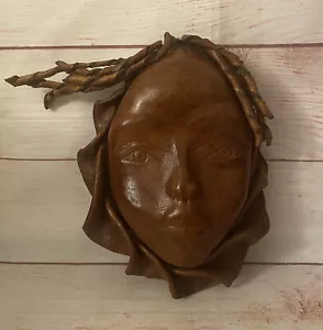 TRIBAL LEATHER MOLDED WOMANS FACE HAND TOOLED 10”x7” VINTAGE FOLK ART WALL DECOR - Picture 1 of 4