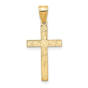 14K Yellow Gold Etched Floral Cross Pendant L- 0.99 Inch, W-0.48 Inch, 0.6 gram - Picture 1 of 3