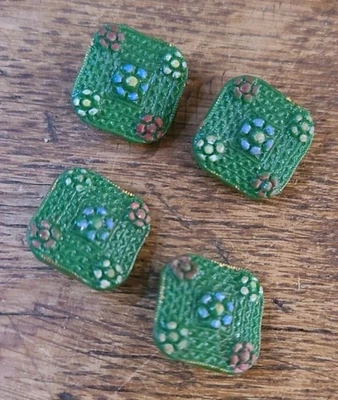 Antique Painted Glass Flower Buttons Square Green Art Deco 1920s Lot of 4 .5 In - Image 1 of 4