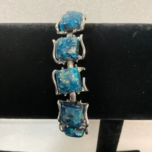 Vintage Coro Blue Confetti Lucite Link Bracelet Silver Tone 7" Retro 1950s - Picture 1 of 17