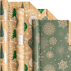 Christmas Kraft Wrapping Paper Roll, Brown Gift Wrap with Green & White Holiday  - Picture 1 of 12