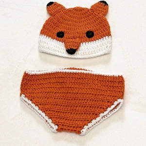 Cappello e copri pannolino Fox all'uncinetto a mano set 2 pezzi unisex taglia 0-9 mesi nuovo senza etichette - Foto 1 di 8