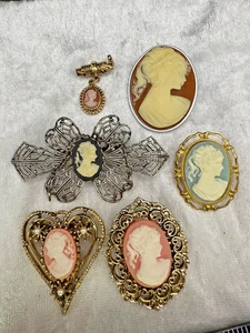 Kamee Brosche 6 Stück Harz goldfarben silber schwarz blau rosa rot - Bild 1 von 9