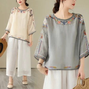 Women Floral Blouse T Shirt Embroidery Edge Raglan Sleeve Loose Tops Ethnic - Picture 1 of 17