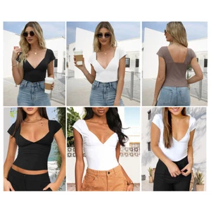 Modische Bluse Mit Stehkragen V-Ärmel Sommer-Crop-T-Shirt Einfarbig Schmal < - Bild 1 von 27