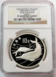 1988 SILVER CHINA 10 YUAN BAIJI DOLPHINS ENDANGERED WILDLIFE PROOF NGC PF 68 UC - Picture 1 of 2