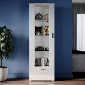 High Gloss White Tall Display Cabinet Cupboard Storage Sideboard with LED Lights - Picture 1 of 12