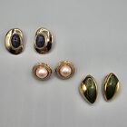 Vintage Clip On Earring Lot (3) Pairs Gold Tone Blue Stone Pink Faux Pearl Green