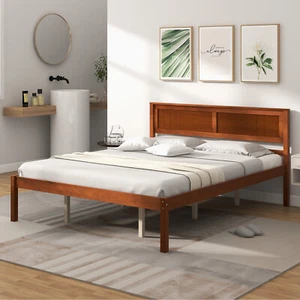 Queen Size Wooden Platform Bed Frame with Headboard Mattress Foundation Walnut - Picture 1 of 9
