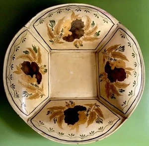 Antique Tin Metal Fruit Basket Toleware HandPainted Floral Yellow Gold Brown Grn - Picture 1 of 9