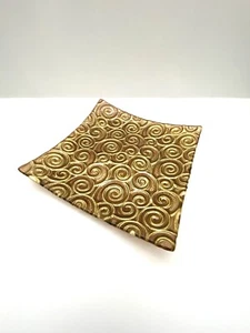 Vintage Kunst Glas konkav Tablett Schale eckig Gold Wirbel MCM - Bild 1 von 10