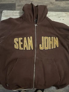 Sean John Hoodie Mens XL Brown Y2K Hip Hop Full Zip Spell Out Logo Embroidery - Picture 1 of 3