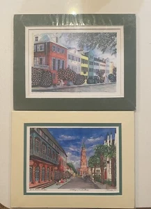 Jeanie Drucker 2 Matted Prints Signed Charleston Rainbow Row Church Street - Picture 1 of 15