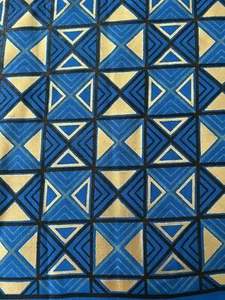 African Print Metallic Gold Royal Blue Geometric Block Print 100% Cotton By Yard - Picture 1 of 5