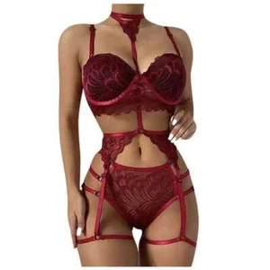 3Pcs Sous-vêtement Femme Dentelle Lingerie Sexy Rouge Vin Nuage Porte Jarretière - Bild 1 von 9