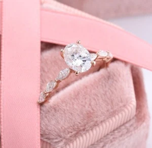 1 Ct Oval Cut Real Moissanite Solitaire Engagement Ring Set 14K Rose Gold Plated - Picture 1 of 8
