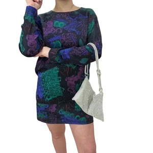 SILKS by St. Gillian 80s Blue Purple Abstract Silk Dolman Mini Dress Sz 6 - Picture 1 of 12