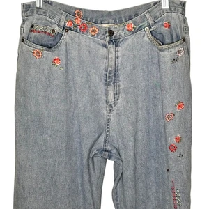 Pantalones de mezclilla vintage boho bordados florales pierna ancha cintura alta para mujer 14 cabaña - Imagen 1 de 14