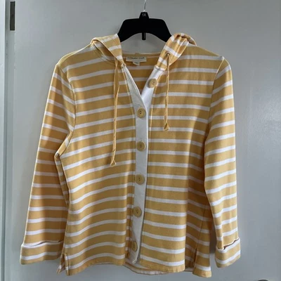 Coldwater Creek 女式 PL 码连帽纽扣上衣,黄色,白色条纹 — 第 1/4 张图片