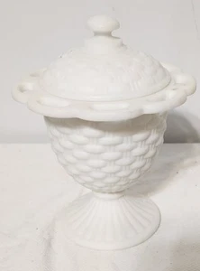 VINTAGE Imperial White Milk Glass Basket Weave Footed Candy Dish with Lid - Picture 1 of 2