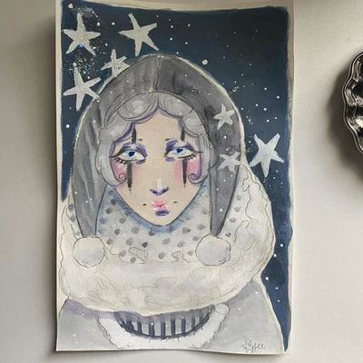 Pintura de fantasía payaso circo bufón negro celestial en papel de acuarela 6x9 Foto 1 de 4