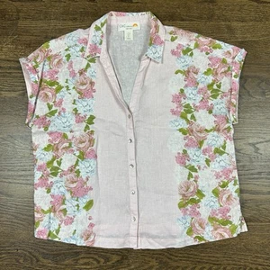 C & C California Shirt Women Large Linen Pink Floral Button Up Casual Resort - Picture 1 of 11