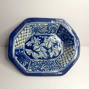 Vintage Mexiko handbemalt blaue Blumen mexikanische Keramik Servierschale T. Ruth - Bild 1 von 9