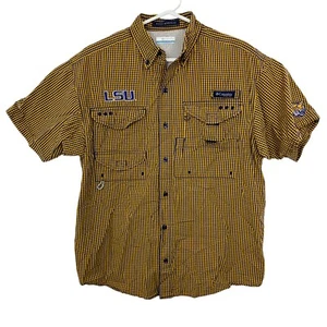 Columbia PFG Super Bonehead Fishing Shirt LSU Tigers Plaid Mens Sz S Gold Purple - Picture 1 of 8
