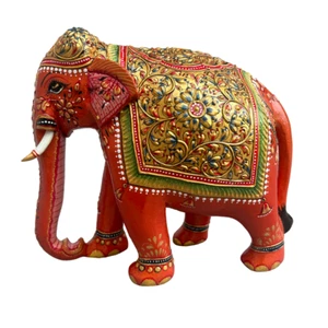 Hölzerne Elefant Statue 6" Handarbeit Wohndeko Blumenprägung Gemälde Skulptur - Bild 1 von 5