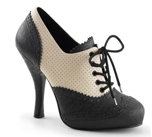 UK 7 PinUp Couture Cream & Black Faux Leather 4.5" Heel Lace Up Oxford Shoes - Picture 1 of 5