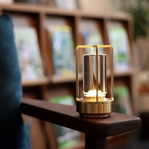 Cordless Lantern Table Desk Lamp Small ambient Night Light Brass Acrylic Glass - Picture 1 of 7