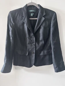 Lauren Ralph Lauren Linen Blazer Jacket Womens Size 8 Petite Black Front Pockets - Picture 1 of 13
