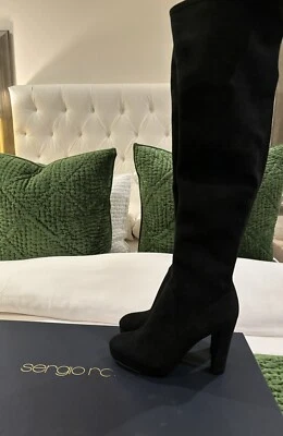Nuevas Impresionantes Botas Sergio Rossi Sharon Negras Gamuza Sobre la Rodilla Tacón Alto Talla 8 Foto 1 de 4