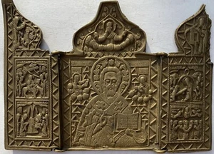 Original alte russische Metallikone-Triptychon Hl. Nikolaus Wundertäter, 19 Jh. - Bild 1 von 2