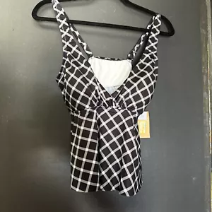 Neu mit Etikett Kona Sol schwarz weiß Karomuster Cropped Tankini Schwimmen Oberteil Größe Medium - Bild 1 von 8