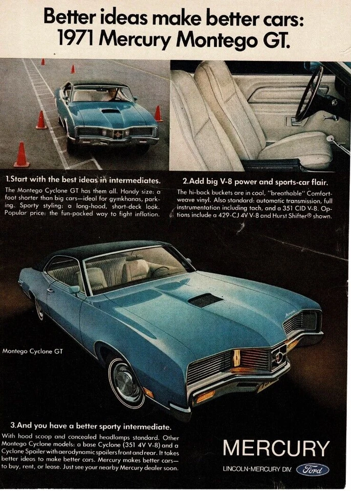 1971 Mercury Montego Cyclone GT azul cupê 2 portas 1970 anúncio vintage  - Imagem 1 de 1