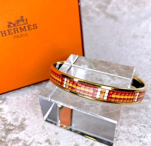 Vintage Hermes Enamel Bangle Bracelet Red Orange Enamel Gold Rim Size 65 w/ Box - Picture 1 of 17