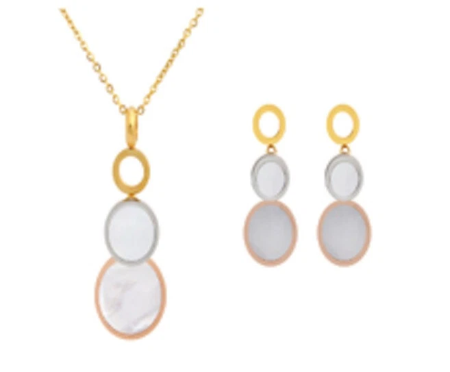 Edelstahl Schmuckset Kette + Ohrringe Ohrstecker Halskette tricolor Perlmutt - Bild 1 von 1