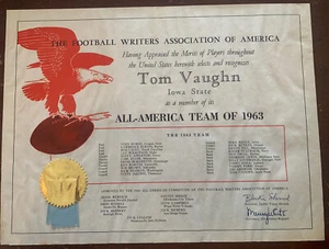Iowa State University All-American Team of 1963 Award Certificate- Tom Vaughn - Picture 1 of 5
