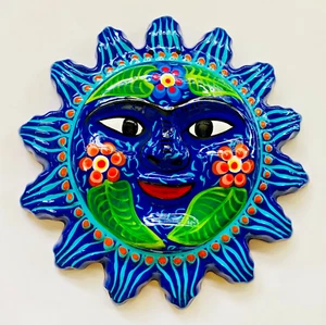 Mexican Sun Face Folk Art Talavera Pottery Hand Painted Flower Leaves 11 1/2" #8 - Picture 1 of 4