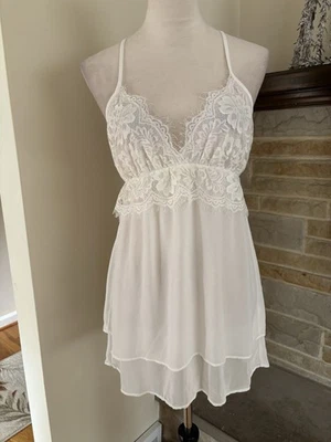 FLORA NIKROOZ NUEVO CON ETIQUETAS Marfil Forrado Encaje Gasa Camisón Corto Chemise Talla S Foto 1 de 4