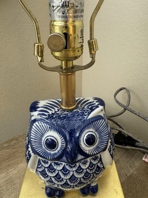 Jonathan Y Blue White Owl Table Lamp Ceramic Birds Gold No Shade - Image 1 of 4