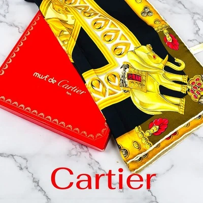 Excellent condition Cartier Elephant Silk Scarf Gold with Box From Japan - Image 1 of 4