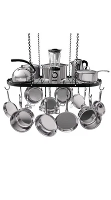 Hanging Pot Rack 33x17" Black Steel w/ 15 Hooks – Ceiling Kitchen Organizer - Image 1 of 4