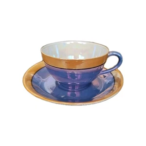 Vintage japanische Takito handbemalt Glanzgeschirr Lavendelblau & Gold Teetasse & Untertasse  - Bild 1 von 6
